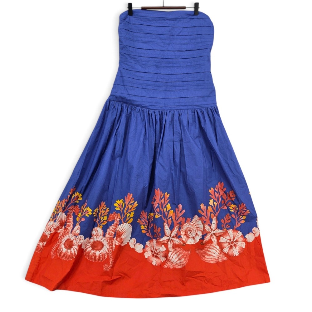 Caroline Constas Blue Strapless Shell Print Midi Dress L NWT Coastal Resort